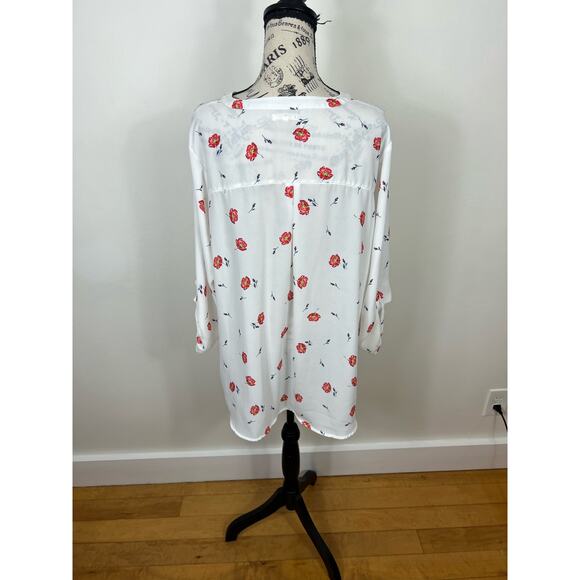 Maurices Semi Sheer white and red floral long sleeve V-neck Blouse - Picture 2 of 12
